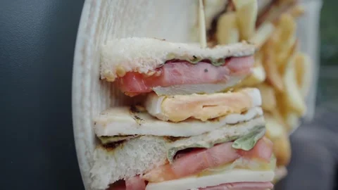 Close up vertical view of appetizing club sandwich and golden french fries .. Stock Footage 331725498