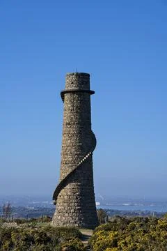 Close-up vertical view of Ballycorus lead mining and smeltinr chimney tower Stock Photos
