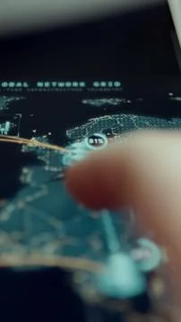 Close vertical view of a fingertip navigating a Global Network Grid Stock Photos