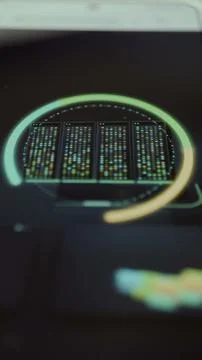Close vertical view of four luminous server racks framed by a sweeping Foto stock