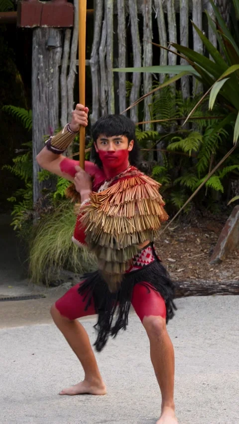 Close-up vertical view of Māori haka dance at Te Pā Tū, Rotorua, Vertical Shot Stock Footage 331290870