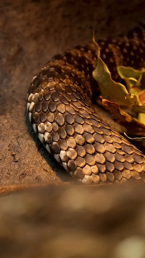 Close Up Vertical View of Snake Scales Slithering Through Dry Leaves Stock Footage 327432304