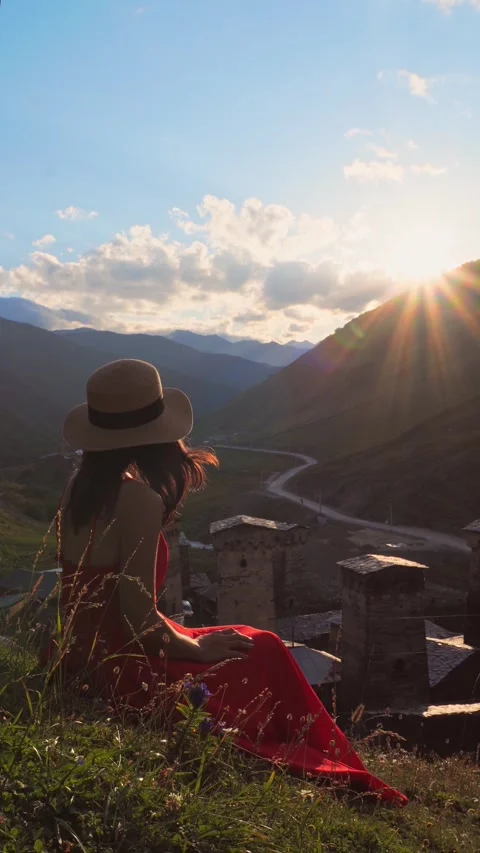 Close up vertical view Young pretty Woman traveler in red dress looking at .. Stock-Footage 333412323
