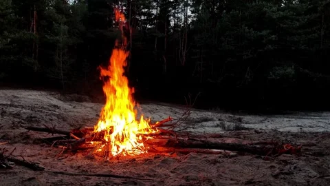 Close-up of a vibrant bonfire with glowing orange flames consuming wood, taken Video stock 297959834