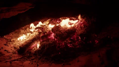 Close-up of a vibrant campfire at night with glowing embers and dancing flames Video stock 335204721