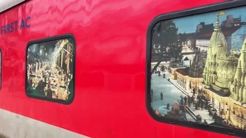 Close-up of a vibrant train window at Varanasi station Stock Footage 285831270