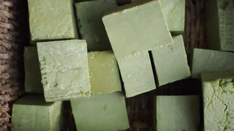 Close up video of artisanal soap bars made from natural ingredients on displa Stock Footage 332056805