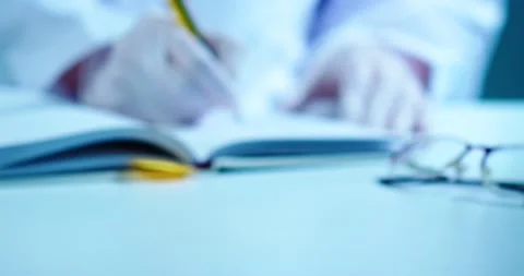 Close up video background of scientist or doctor, hands in gloves writing study Video stock 150961360