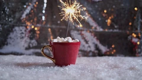 Close up video of bengal light on beautiful red mug. Christmas sparklers. Stock Footage 166032314