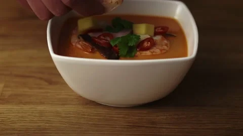 Close up video of chef serving ready dish with shrimp Stock Footage 131589877