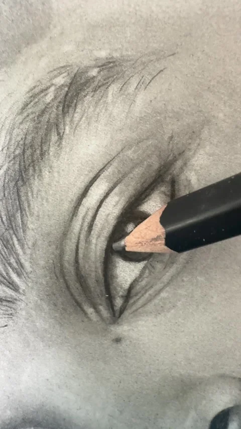 Close up video of drawing an eye using pencil on paper, vertical video Stock Footage 281276486