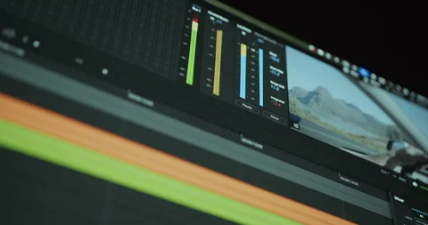Close-Up Of Video Editor Interface Featuring Timeline And Sound Levels Stock-Footage 313468929