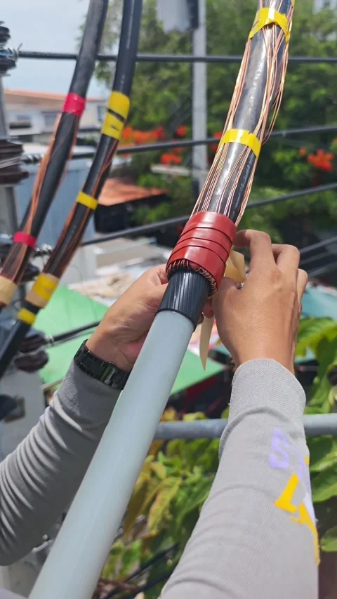 Close up video of an electrician hands wrapping red mastic sealant tape. 스톡 동영상 340278064
