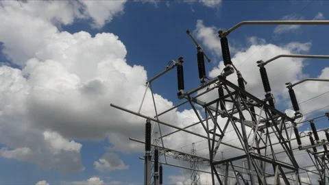 Close up video High voltage with clouds moving in the background. 스톡 동영상 97338369