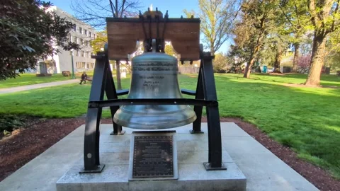 Close-up video of a historic engraved silver bell monument Stock-Footage 335848893