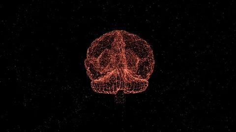 Close up video of human brain formed from red shining particles floating over Stock Footage 121803462