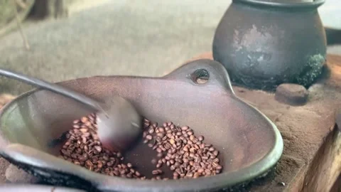 Close-up video of mixing coffee beans in a large bowl on a coffee plantation Stock Footage 327045053