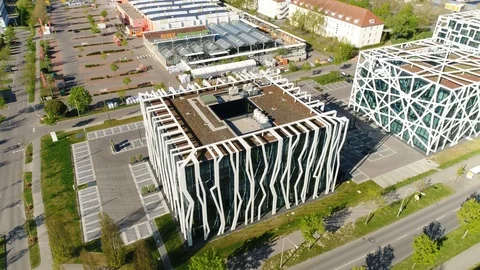 Close up video of modern buildings in the shape of a cube. Drone video over Stock Footage 124464412