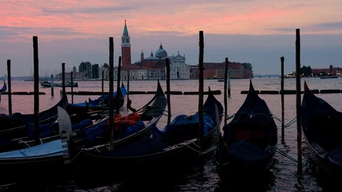 Close up video of moored gondolas on San Marco Square in Venice, Italy. Venic Stock Footage 99453356