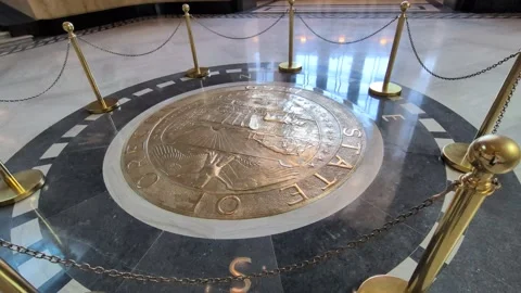 Close-up video of the ornate Oregon state seal embedded Stock Footage 335777701