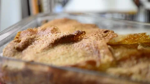 Close-up video pan of Timballo: layers of crepes, artichokes, meat, cheese,.. Stock-Footage 281979165