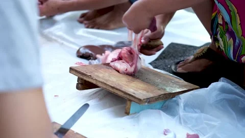 Close-up video of raw meat cutting with a knife. eid adha qurban Stock Footage 201182424