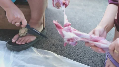Close-up video of raw meat cutting with a knife. eid adha qurban Stock Footage 201182658