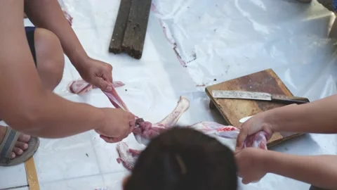Close-up video of raw meat cutting with a knife. eid adha qurban Stock Footage 201182883