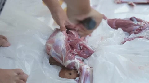 Close-up video of raw meat cutting with a knife. eid adha qurban Stock Footage 201182974