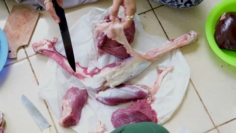 Close-up video of raw meat cutting with a knife. eid adha qurban Stock Footage 201183002