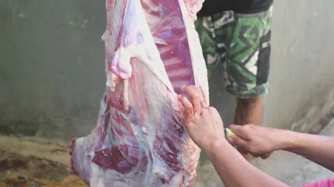 Close-up video of raw meat cutting with a knife. eid adha qurban Stock Footage 201183013