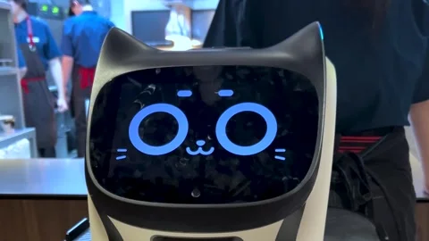 Close up video. Robot waiter with cute cat muzzle changes facial expression Stock Footage 307651063