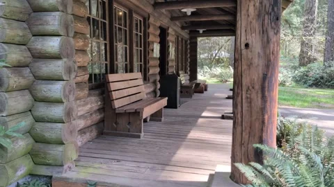 Close-up video showcases a historic log cabin with detailed timber Stock Footage 337062342