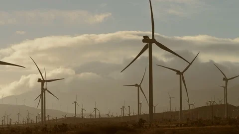 The close-up video of simultaneous operation of windmills Stock Footage 77287047