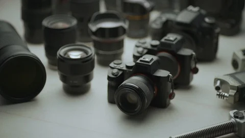 Close up video of tools of trade of professional camera  Video stock 128406380