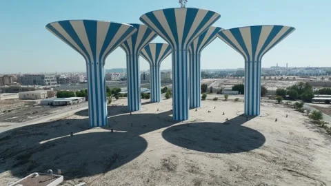 Close-up videography of white and blue water towers in the State of Kuwait Stock Footage 266979954