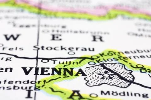 Close up of vienna on map, austria Stock Photos