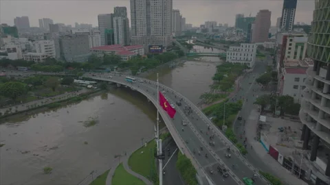 Close-up Vietnamese flag as drone pulls back Stock Footage 346605200