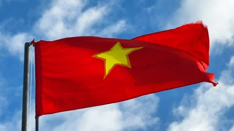 Close Up of Vietnamese Flag waving with Blue Sky in the background Video stock 339045748