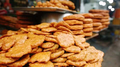 Close up of vietnamese fried fish cake, on a food stall in a street market .. Stock-Footage 336985477