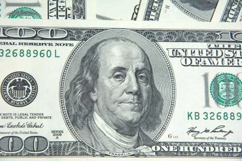 Close up view of 100 dollar banknote. One hundred us dollar banknotes flat ba Stock Photos