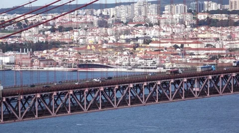Close Up View on the 25 de Abril Bridge in Lisbon Stock Footage 60603439