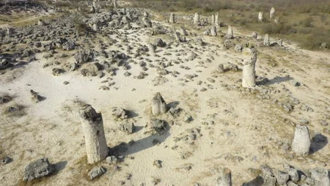 Close up view 4k aerial video of Stone Forest near Varna, Pobiti kamani Stock Footage 195656730