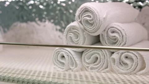 Close-up view 4k stock video footage of set of several clean white folded towels Stock-Footage 314324170