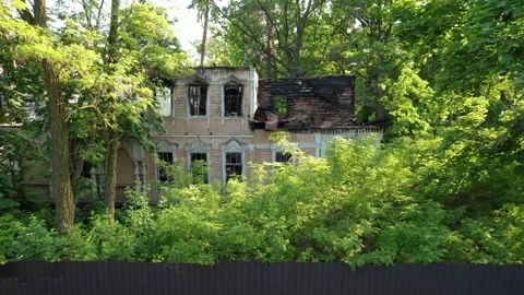Close up view of abandoned ethno burned building in the forest Stock Footage 262648658