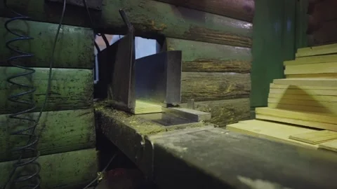Close-up view about a sawmill final cutting process of raw logs to finished Stock Footage 307586296