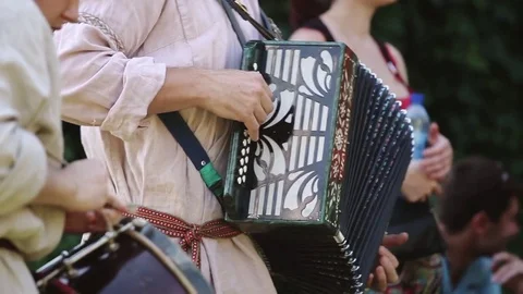 Close up view of accordion player, russian folk music background Stock Footage 76877331