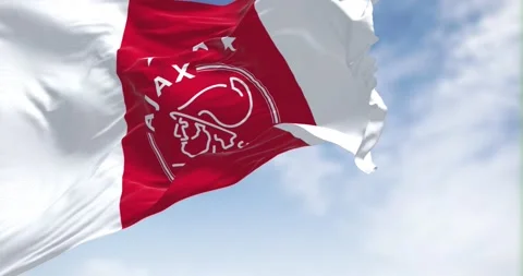 Close-up view of the AFC Ajax flag waving in the wind. Stock Footage 219629320