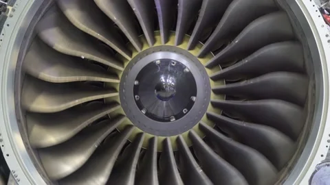 A close-up view of an aircraft jet engine turbine. Video stock 226124902