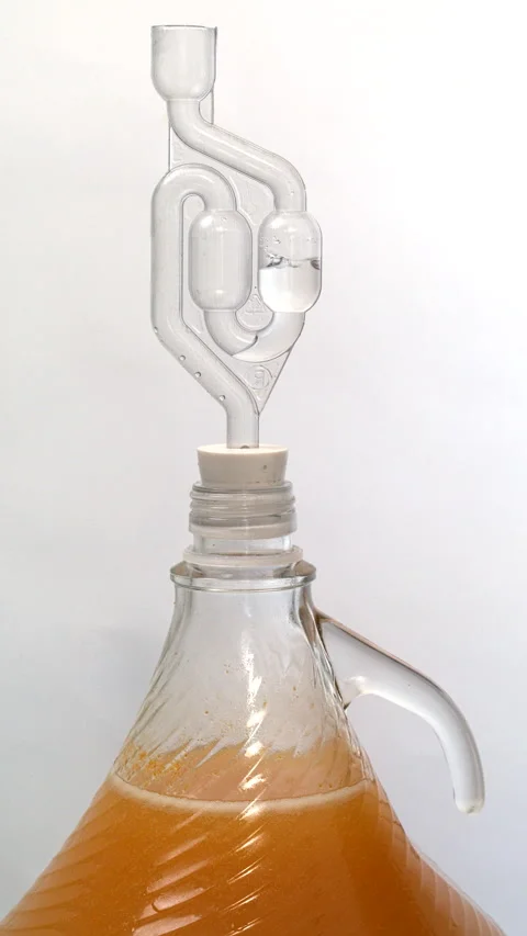 Close up view of airlock pipe installed on carboy cork. Stock Footage 284089304